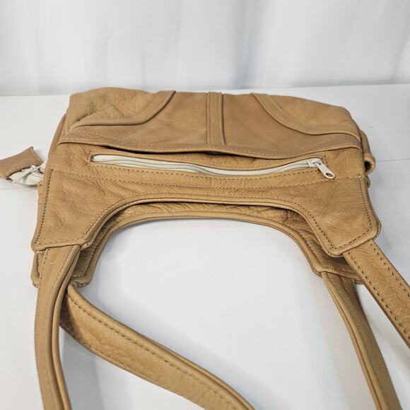 Vintage Soft Light Brown Leather 6 Pocket 2 Strap Whale Tail Lg Shoulder Bag - Picture 6 of 13
